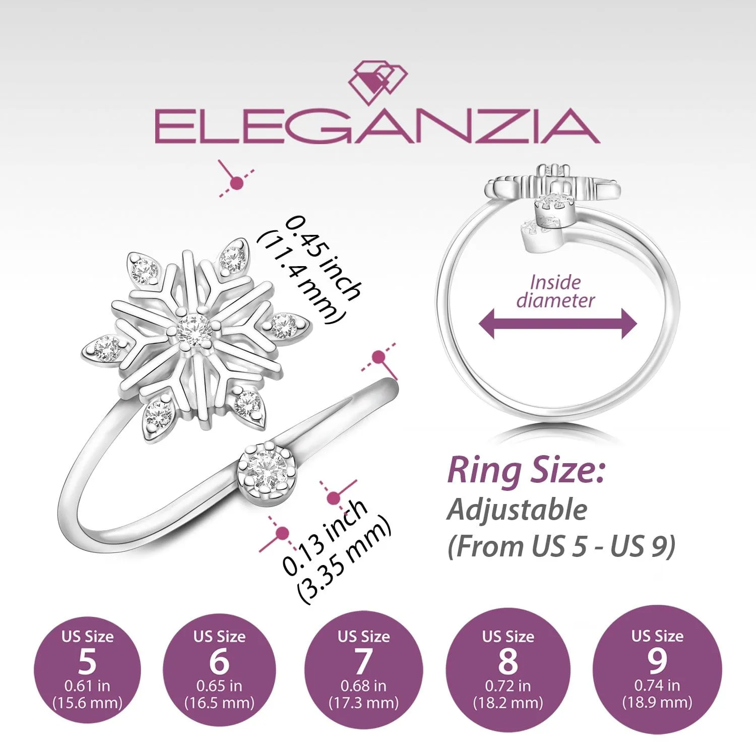 Frozen Winter CZ Snowflake Silver Ring Adjustable