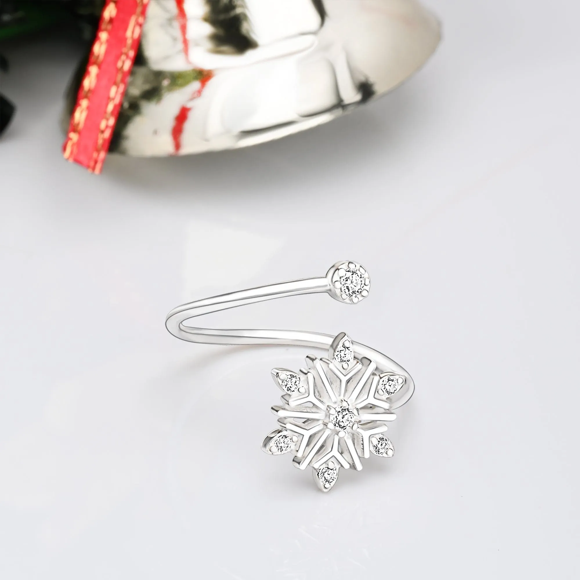 Frozen Winter CZ Snowflake Silver Ring Adjustable