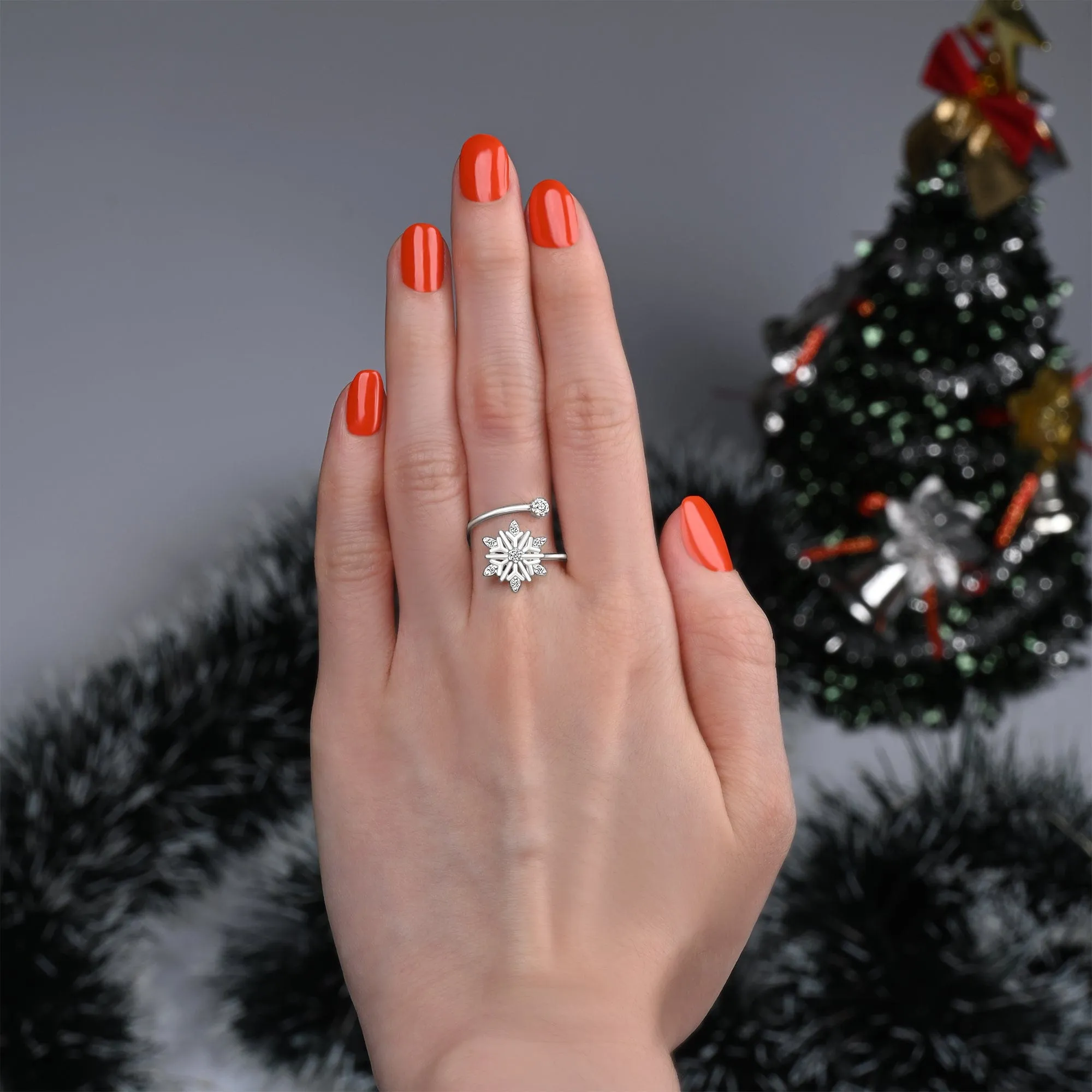 Frozen Winter CZ Snowflake Silver Ring Adjustable