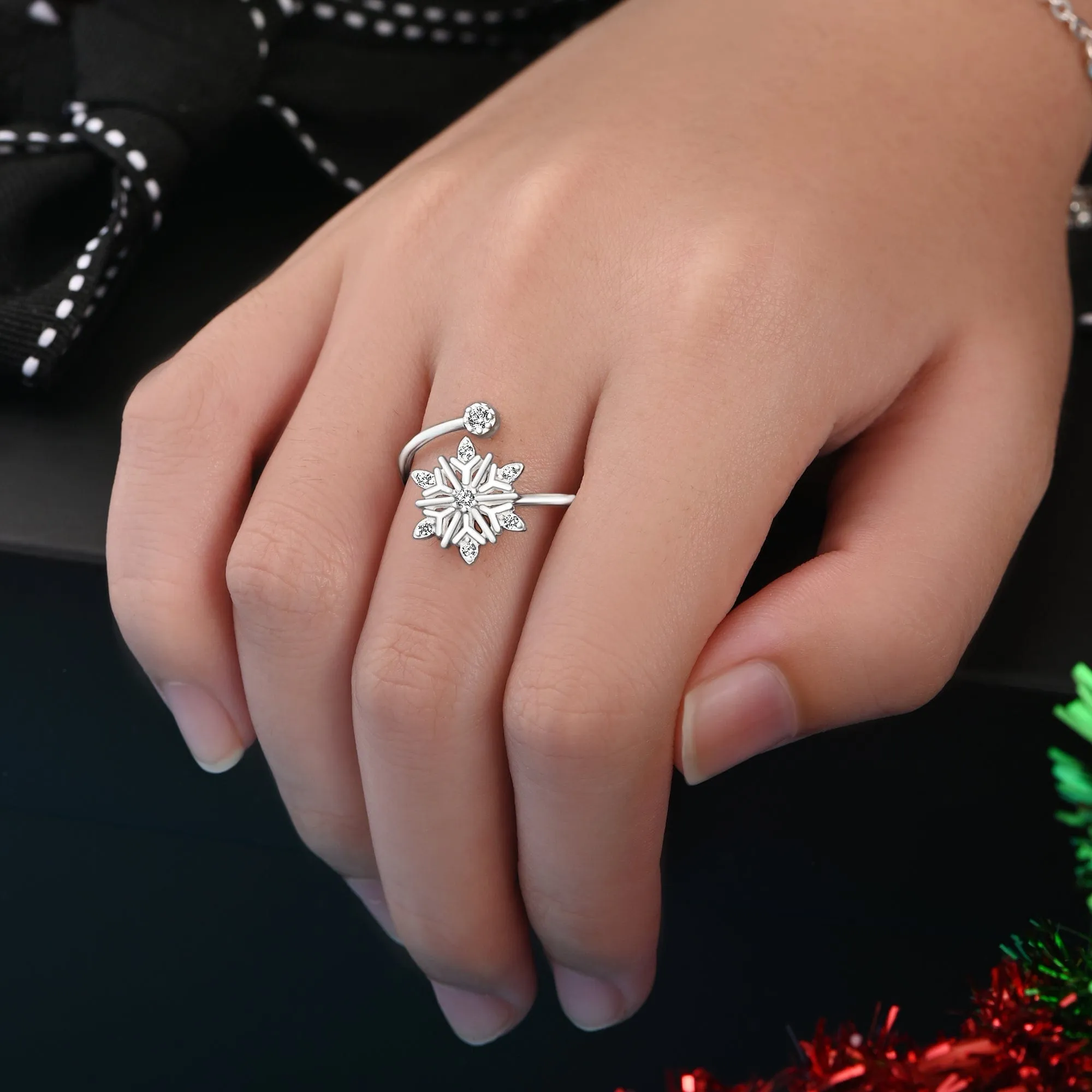 Frozen Winter CZ Snowflake Silver Ring Adjustable