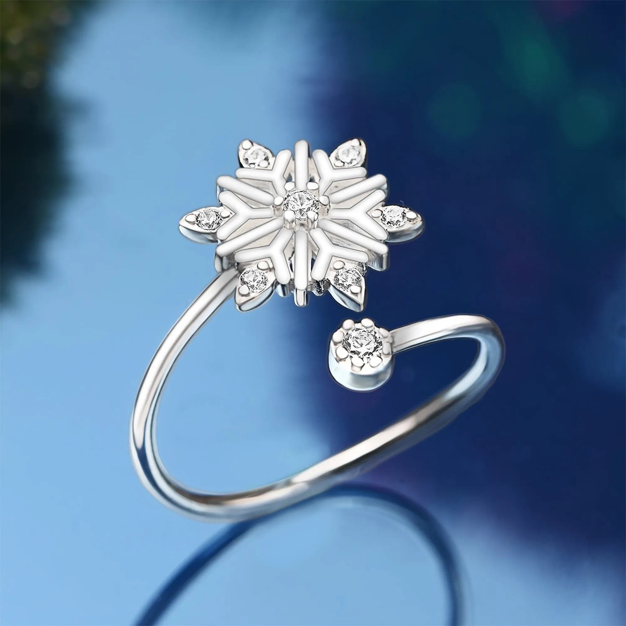 Frozen Winter CZ Snowflake Silver Ring Adjustable