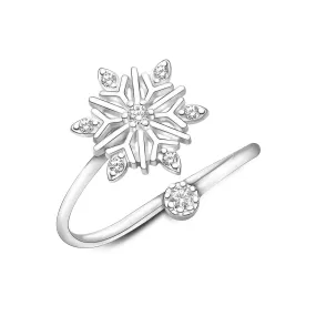 Frozen Winter CZ Snowflake Silver Ring Adjustable