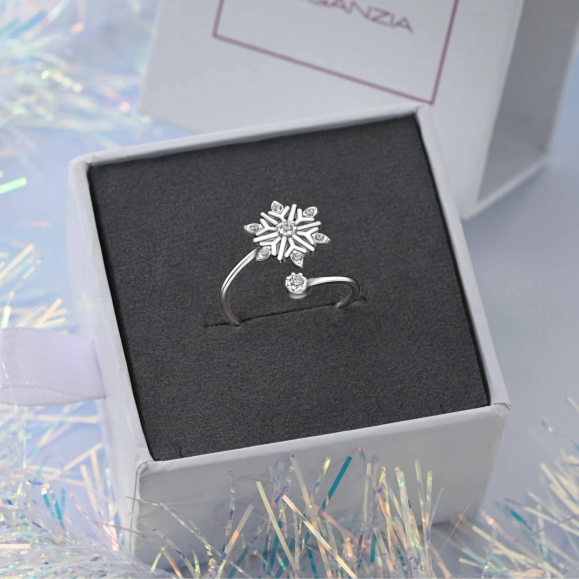 Frozen Winter CZ Snowflake Silver Ring Adjustable