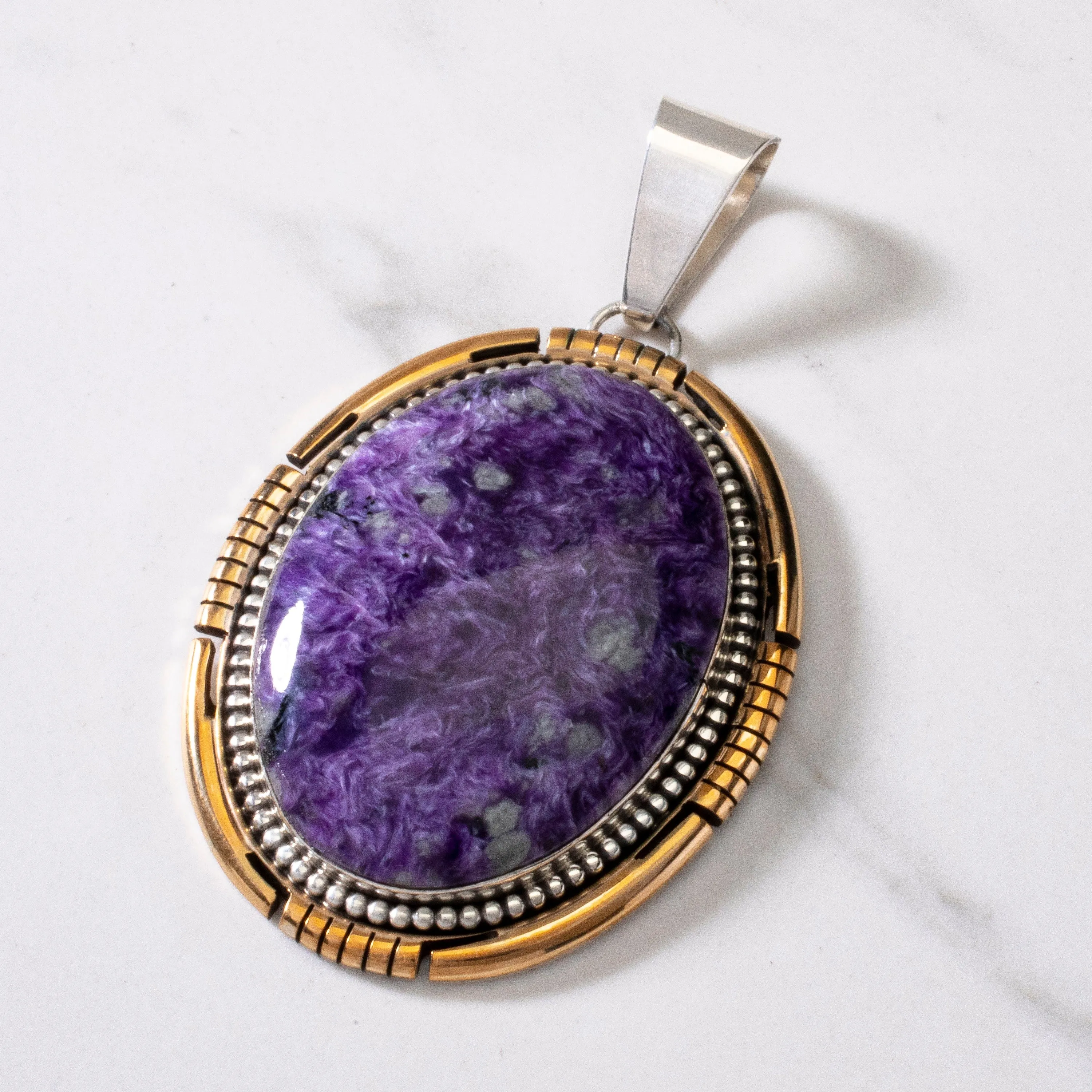 Gary Spencer Navajo Charoite Navajo USA Native American Made 925 Sterling Silver & 12K Gold Filled Pendant