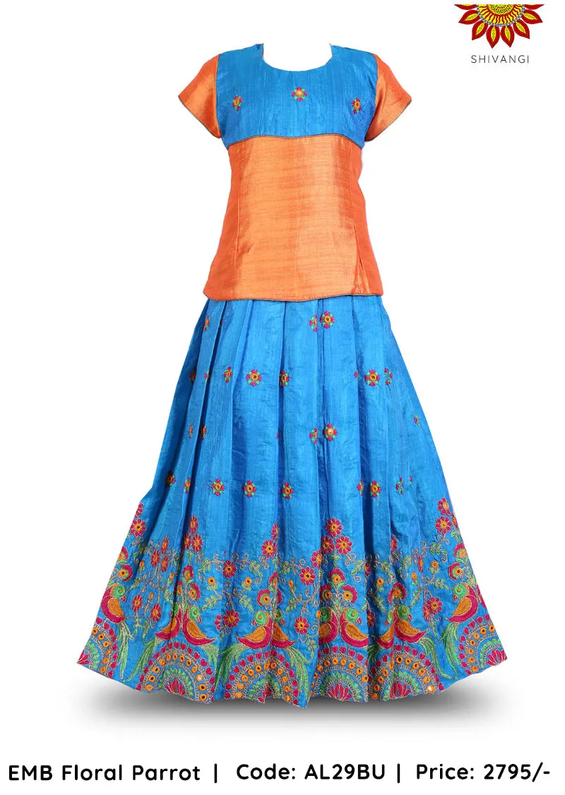 Girls Blue EMB Floral Parrot Pattu Pavadai