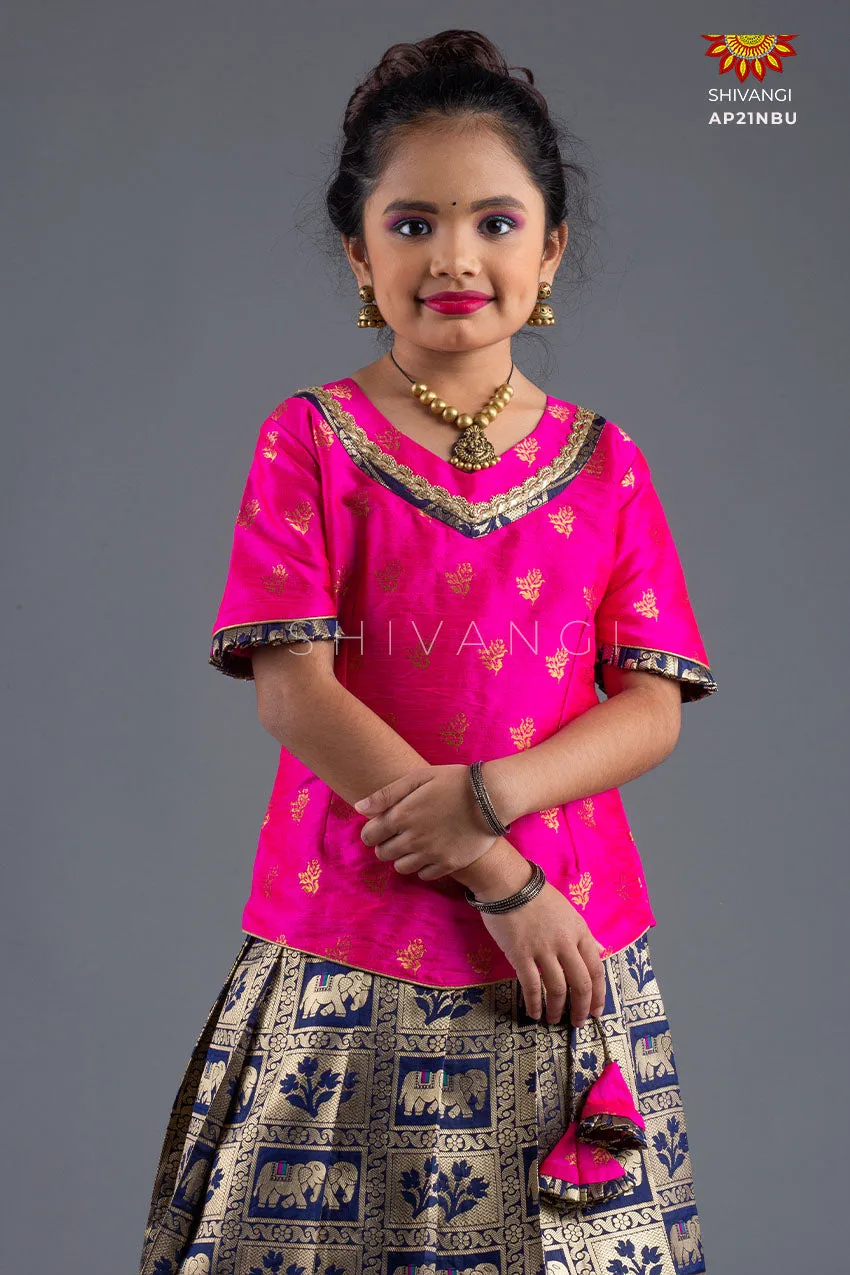 Girls Navy Blue Grey Elephant Pattu Pavadai | Lehenga