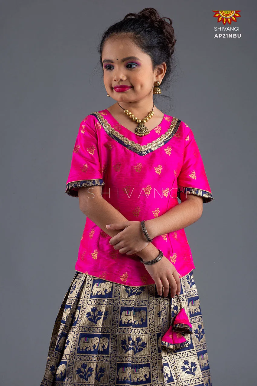 Girls Navy Blue Grey Elephant Pattu Pavadai | Lehenga