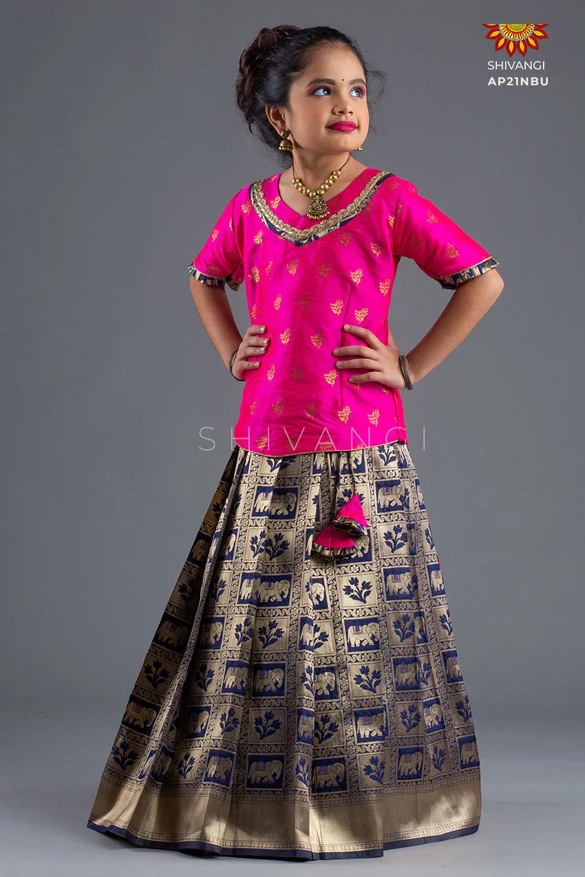 Girls Navy Blue Grey Elephant Pattu Pavadai | Lehenga