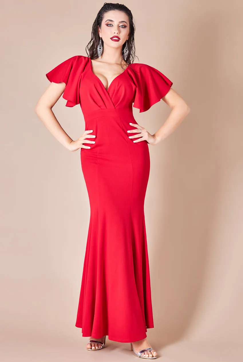 Goddiva Flared Sleeve Front Wrap Maxi Dress