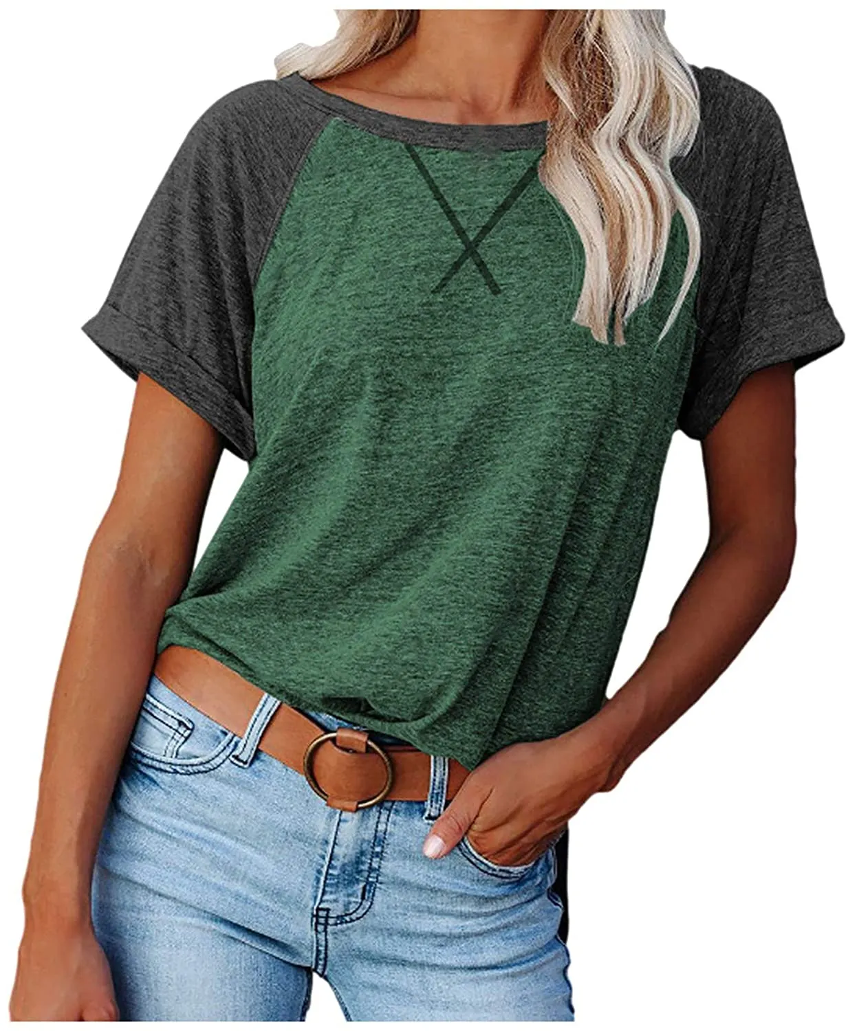 Haute Edition Women's Cross Stitch Contrast Raglan Short Sleeve Tee