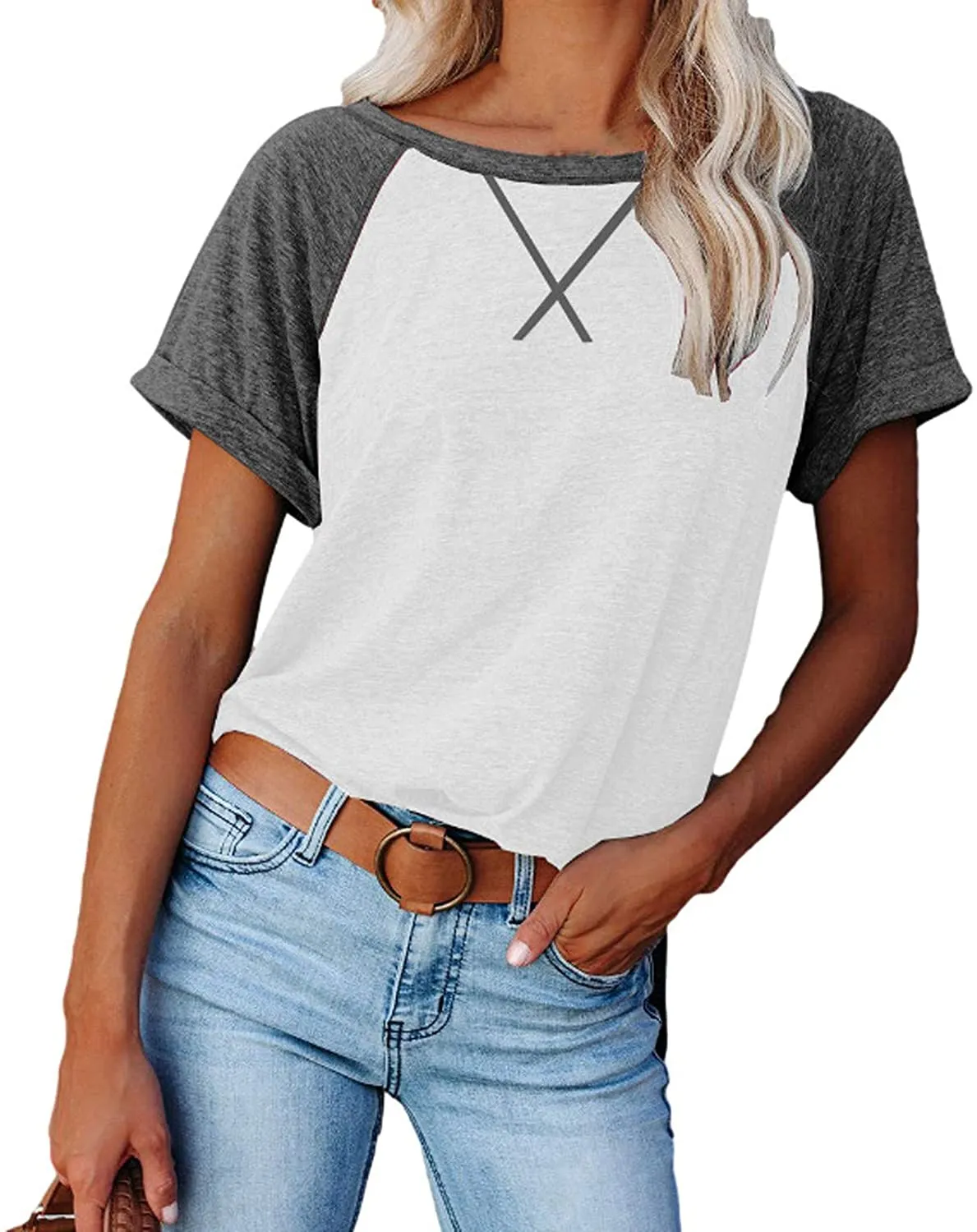 Haute Edition Women's Cross Stitch Contrast Raglan Short Sleeve Tee