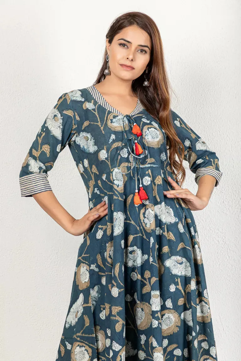 Indigo & Beige Hand Block Dabu Print Kurta With Pants Set