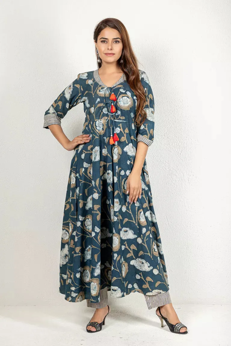 Indigo & Beige Hand Block Dabu Print Kurta With Pants Set