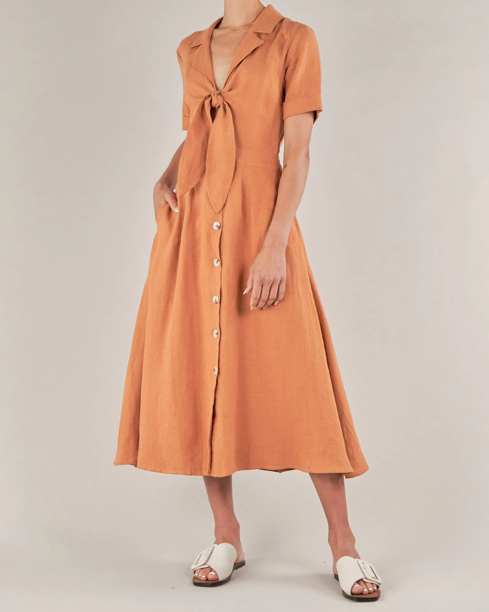 Ines Linen Tie Front Dress - Burnt Orange