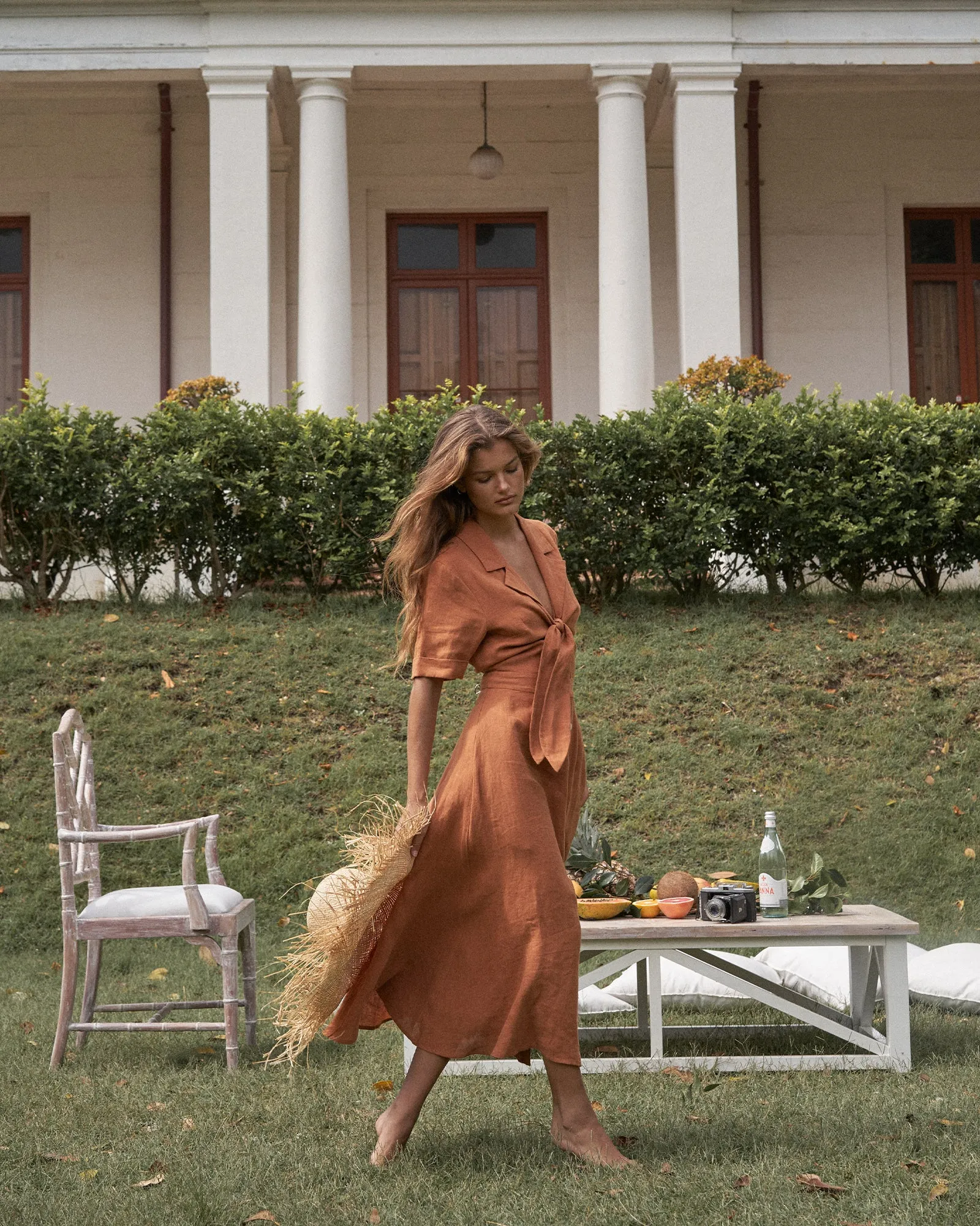 Ines Linen Tie Front Dress - Burnt Orange