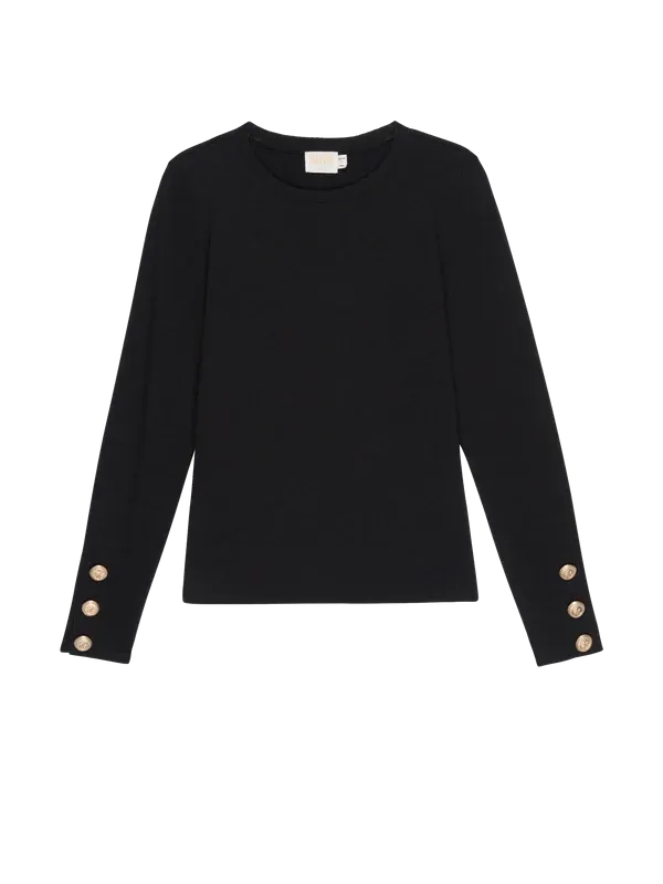 KIANA CREWNECK WITH OVERSIZED GOLD BUTTONS (JET BLACK) - NATION