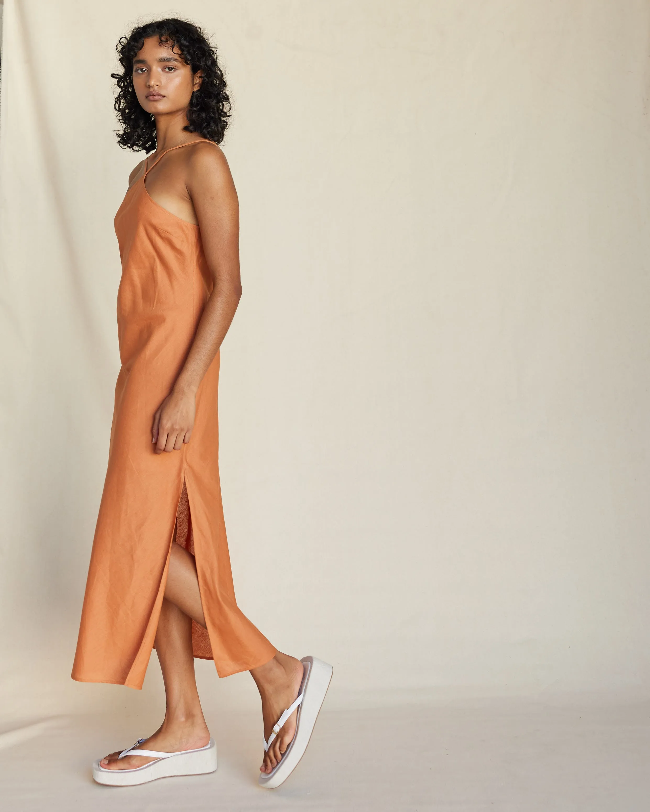 Krisha Linen Halter Midi Dress - Burnt Orange