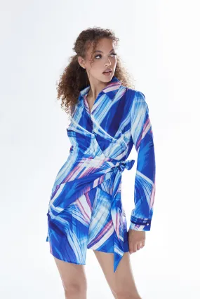 Liquorish Blue Marble Print Wrap Mini Dress