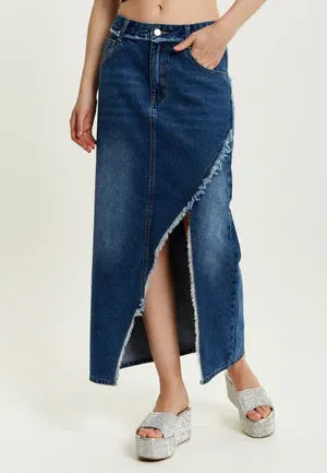 Liquorish Blue Wrap Front Maxi Denim Skirt