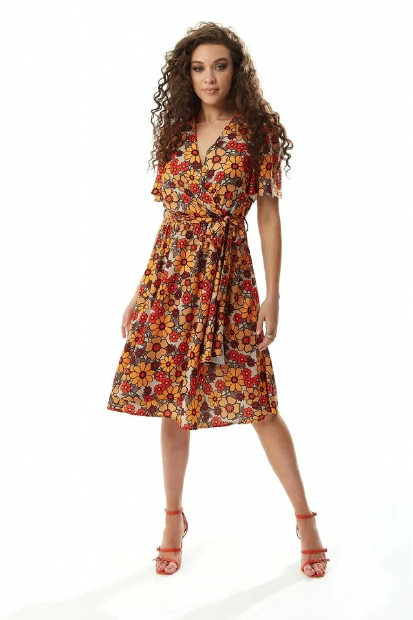 Liquorish Floral Print Midi Wrap Dress In Orange And Red