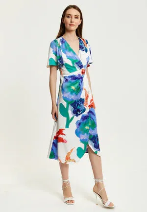 Liquorish Floral Print White Based Midi Wrap Dress