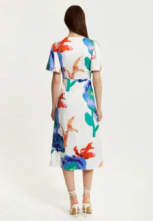 Liquorish Floral Print White Based Midi Wrap Dress