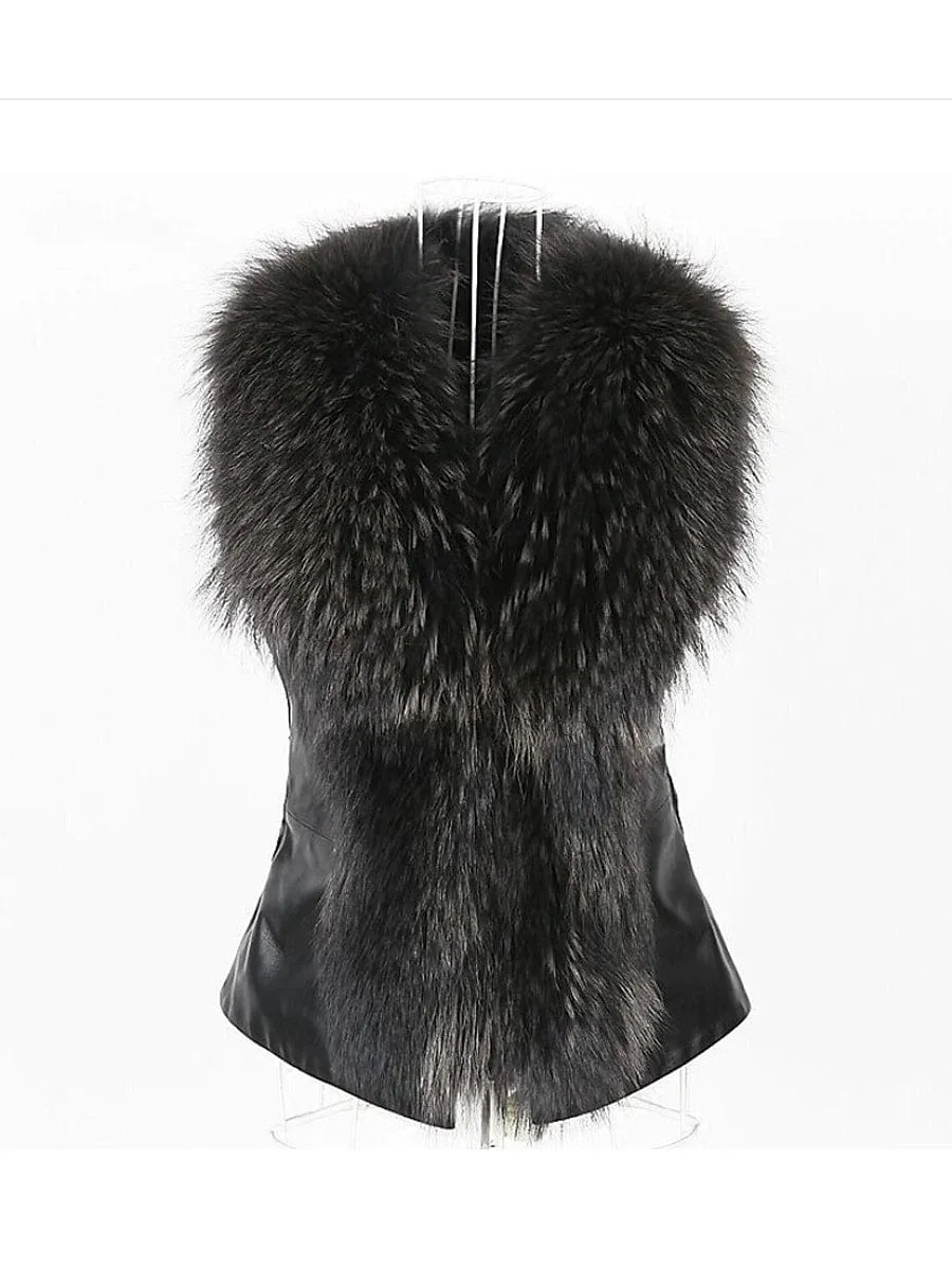 Luxurious Faux Leather Jacket Vest with Faux Fur Collar