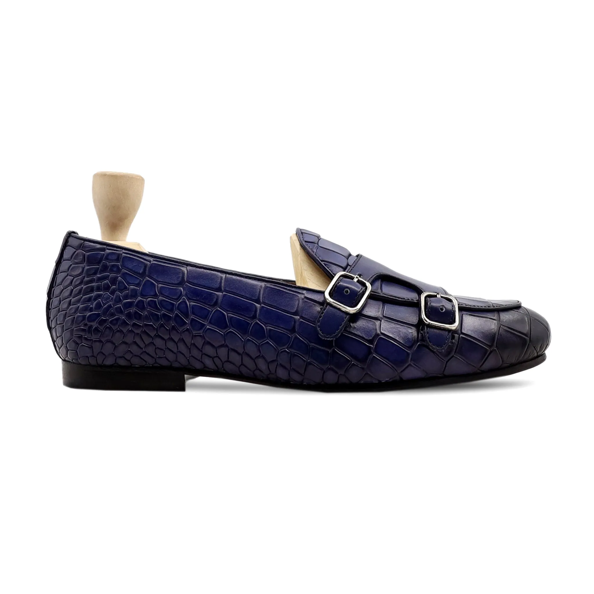 Medellin - Men's Blue Crocodile Printed Leather Double Monkstrap