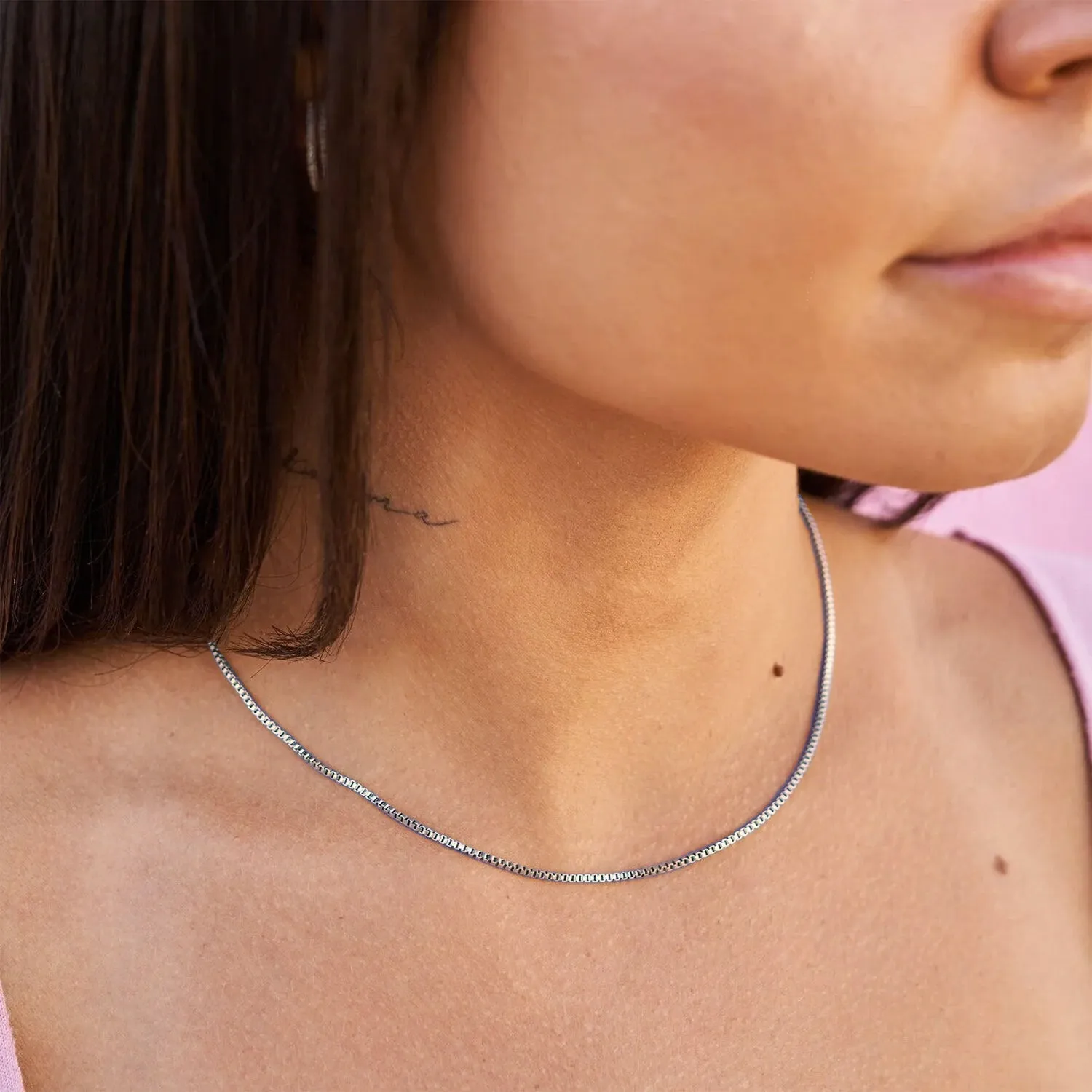 Micro Box Chain Necklace in White Gold