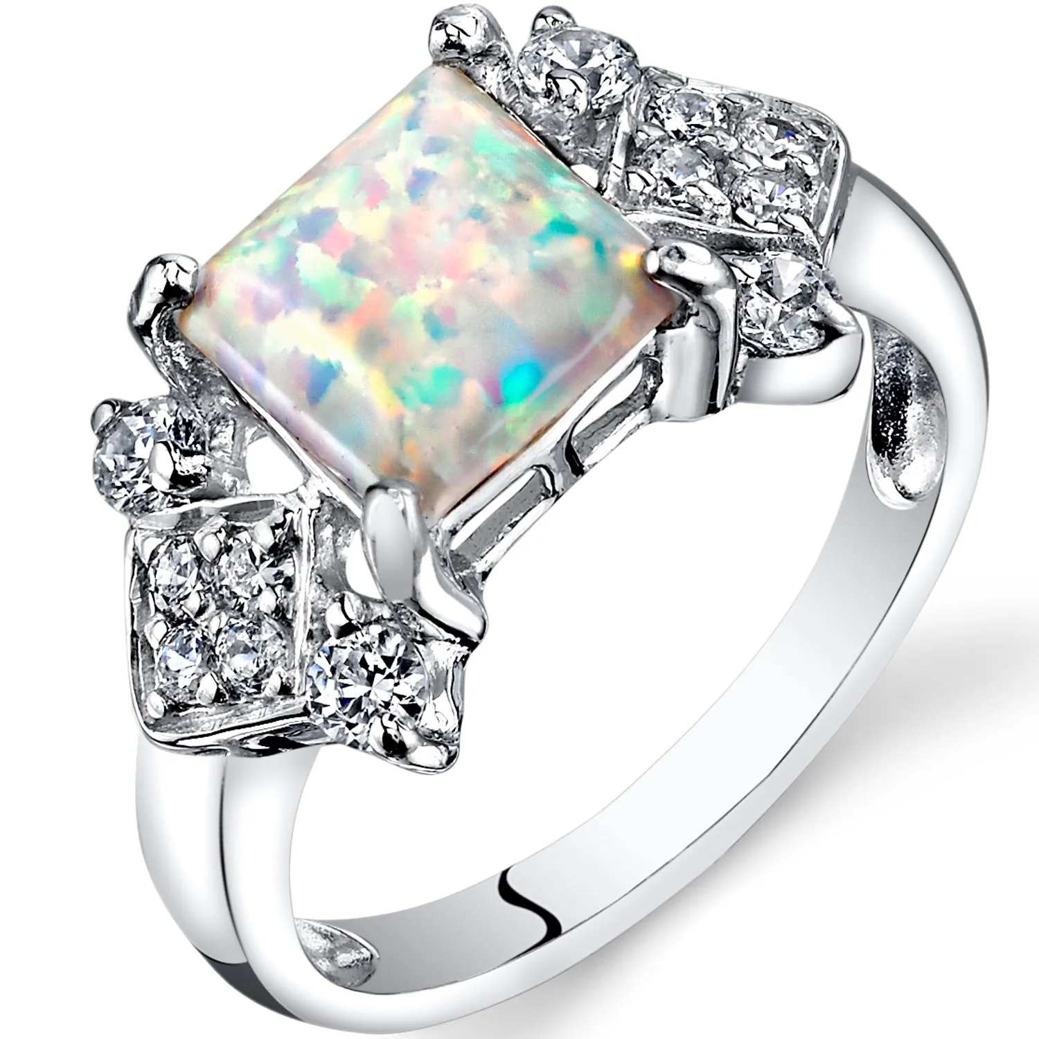 Opal Princess Cut Sterling Silver Ring Size 9