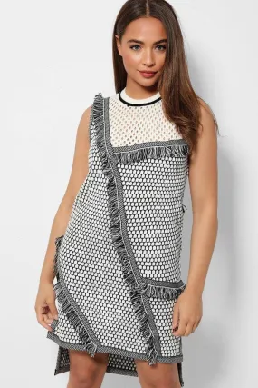 Perforated And Fringed Knit Monochrome Shift Dress