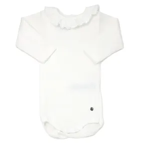 Petit Bateau Long Sleeve Bodysuit with Ruffle Collar - White