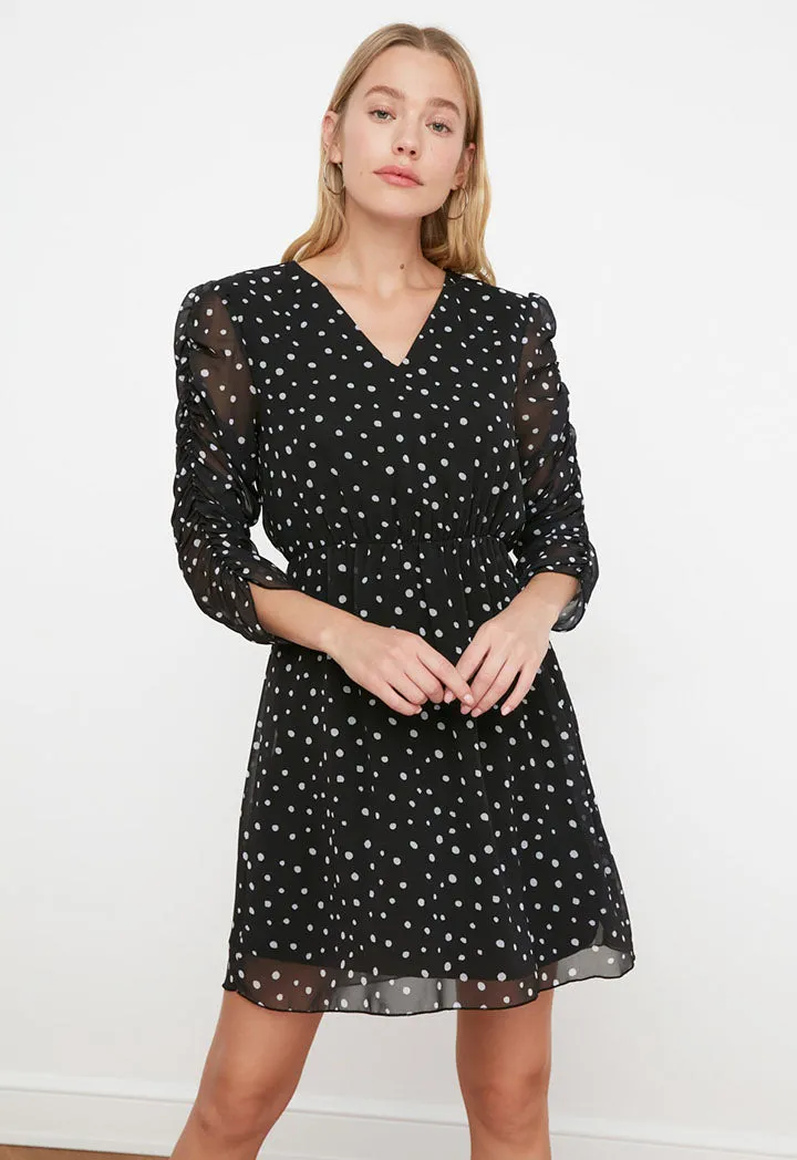 Runched Sleeve Polk Dot Dress