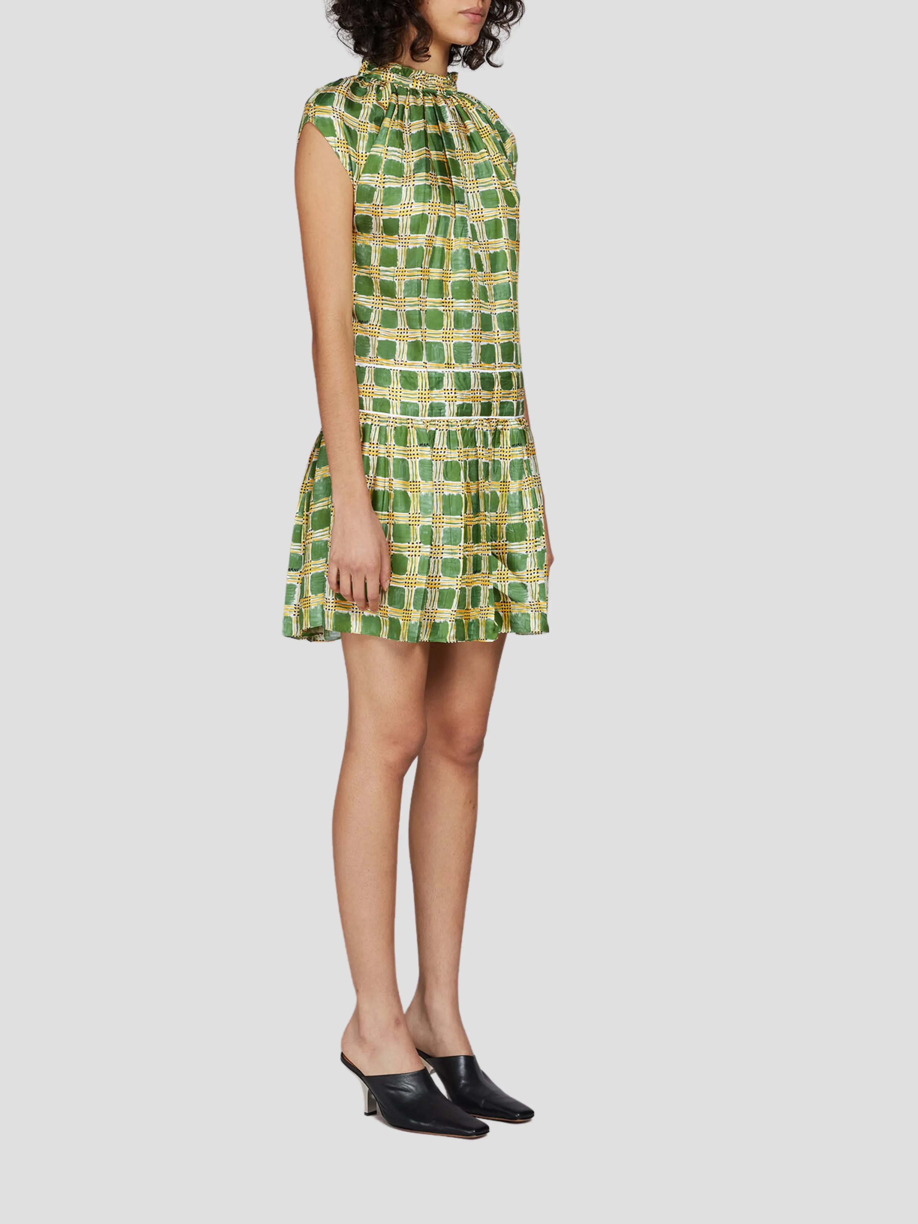 Short Sleeve Check Print Silk Mini Dress in Green