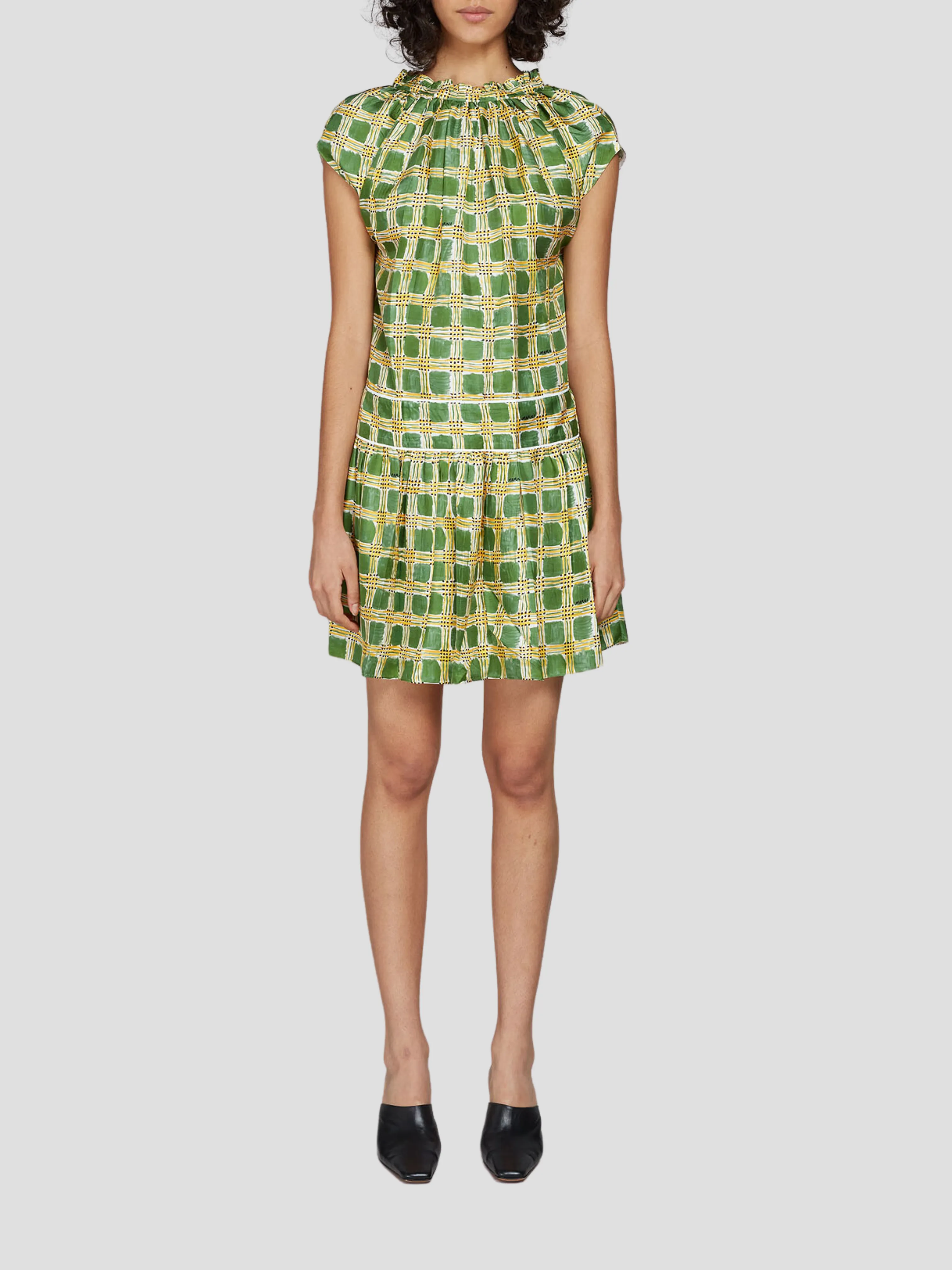 Short Sleeve Check Print Silk Mini Dress in Green