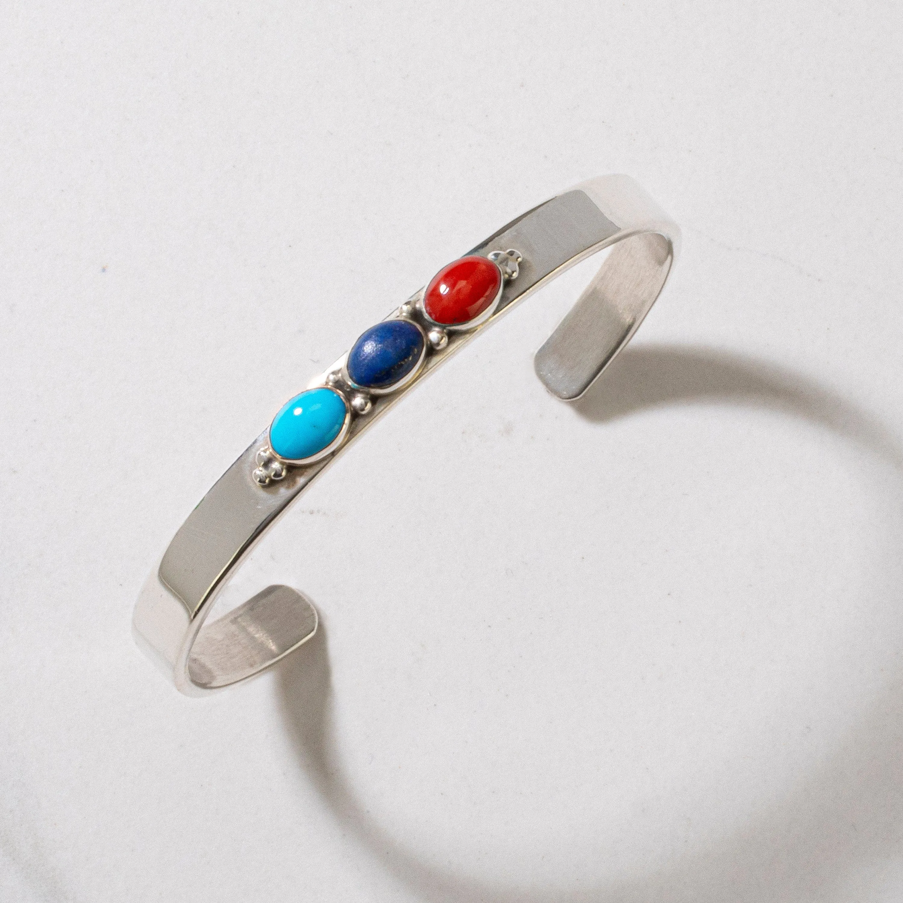 Sleeping Beauty Turquoise, Coral, Lapis Navajo USA Native American Made 925 Sterling Silver Cuff