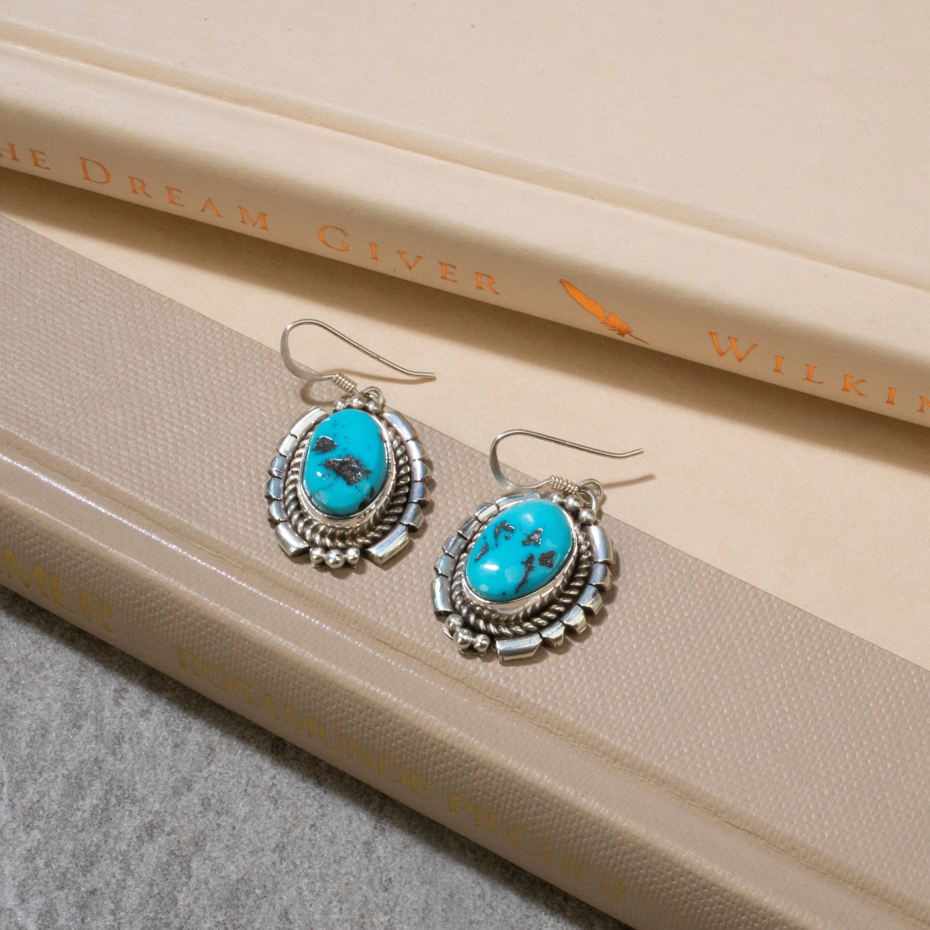 Sleeping Beauty Turquoise Oval Dangle Navajo USA Native American Made 925 Sterling Silver Earrings with French Hook