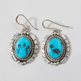 Sleeping Beauty Turquoise Oval Dangle Navajo USA Native American Made 925 Sterling Silver Earrings with French Hook