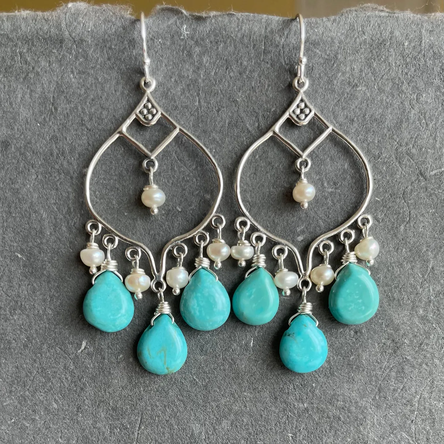 Turquoise and Pearl Chandelier Earrings