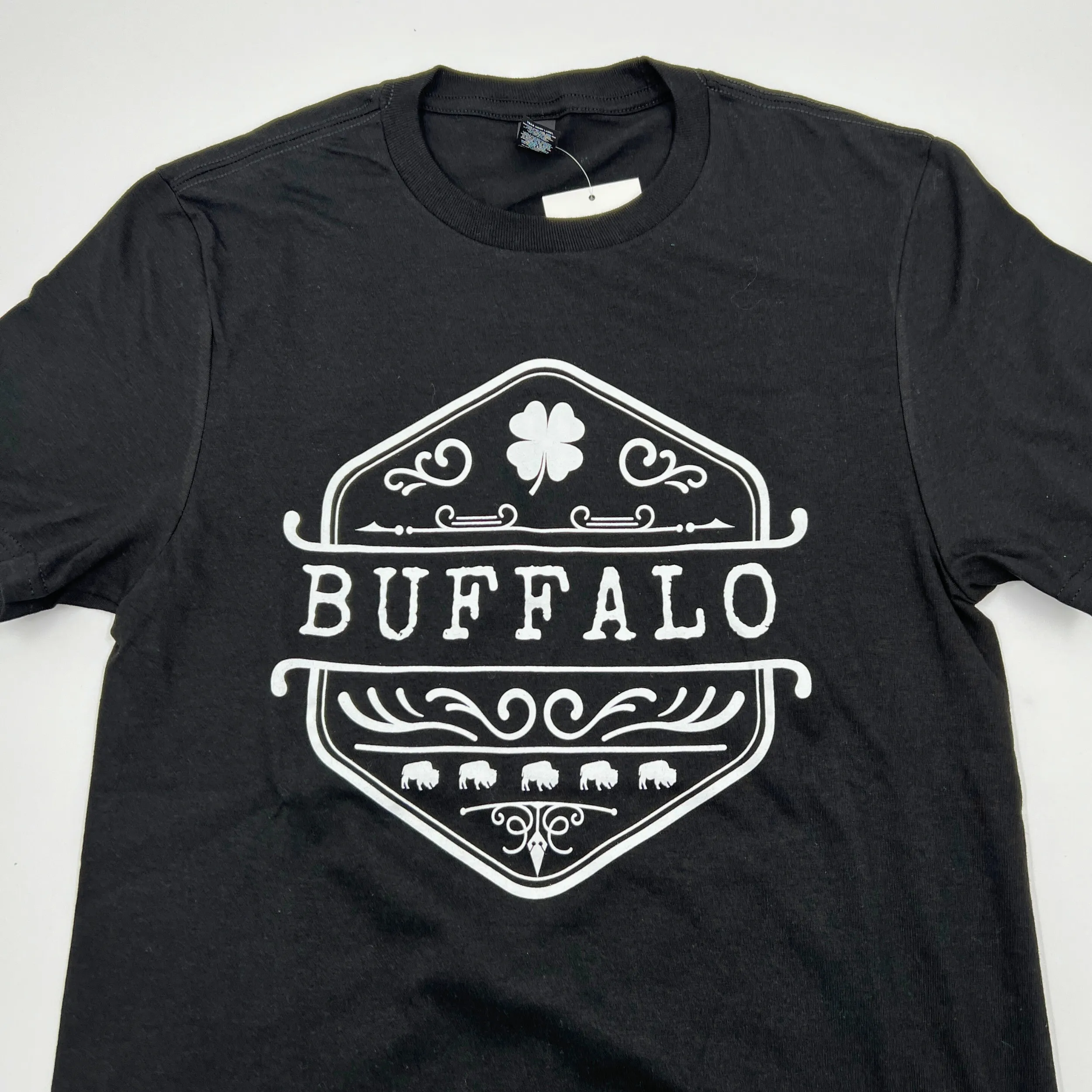 Vintage Buffalo Design With Clover Black Short Sleeve Shirt