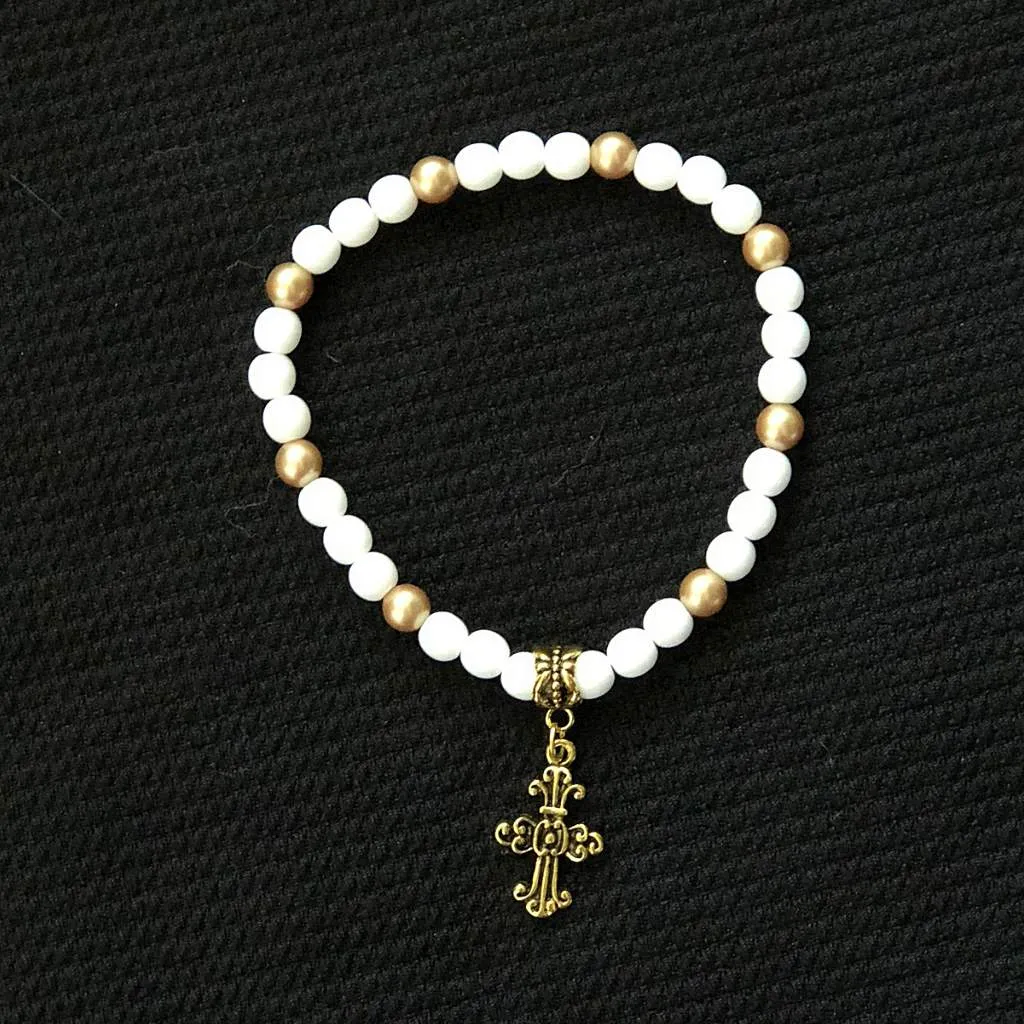 White and Gold Beaded Cross Unisex Bracelet