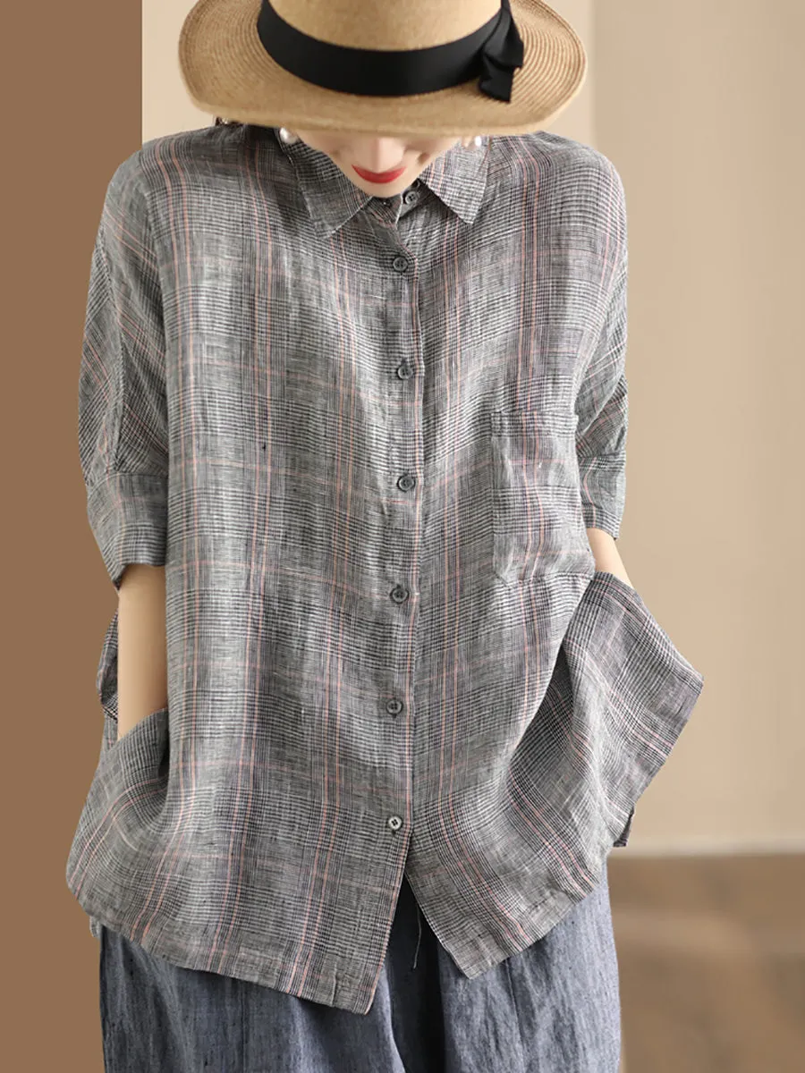 Women Retro Summer Plaid Linen Button-Up Blouse CO1006