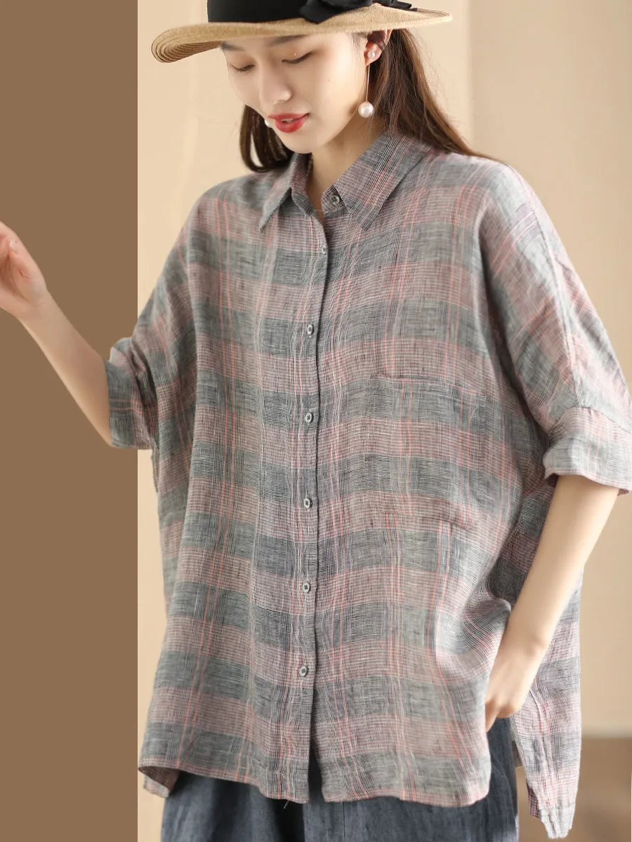 Women Retro Summer Plaid Linen Button-Up Blouse CO1006