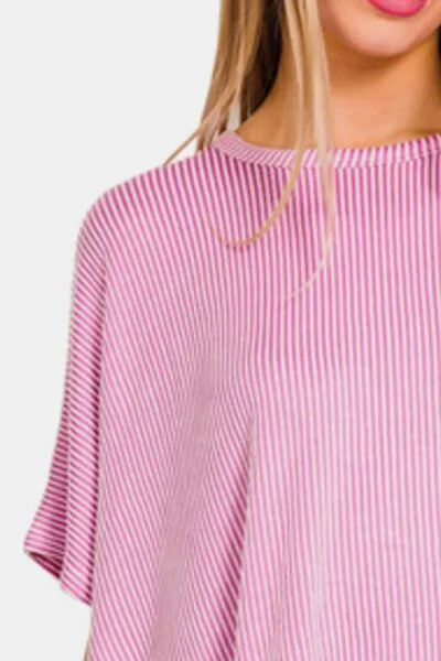 Zenana Ribbed Striped Oversized Short Sleeve Top