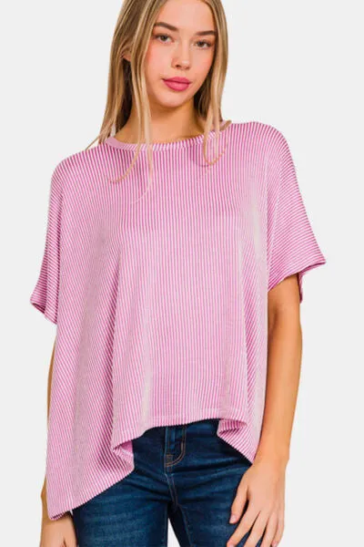 Zenana Ribbed Striped Oversized Short Sleeve Top